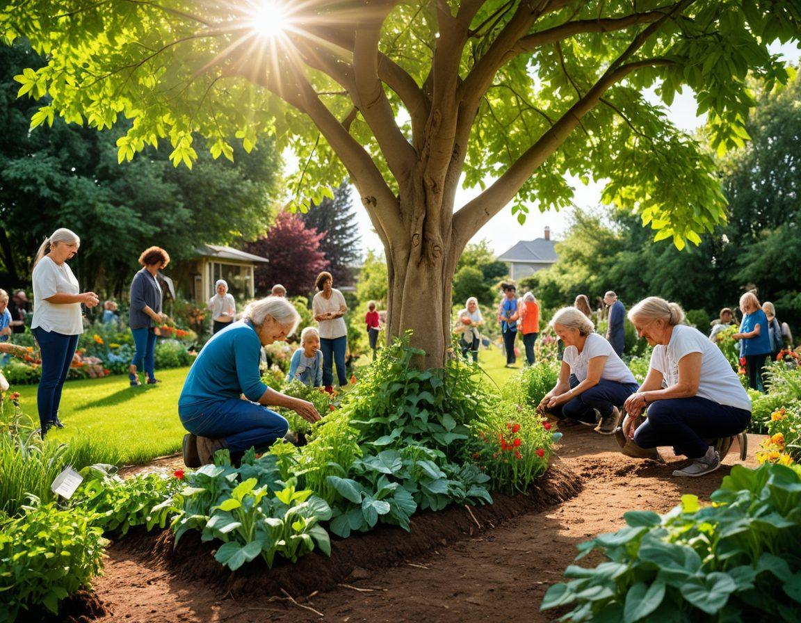A diverse group of people of all ages engaging in a community garden, smiling and helping each other plant flowers and vegetables. In the background, a banner reading 'Cultivating Compassion' hangs from a tree. Soft sunlight filters through the leaves, creating a warm and inviting atmosphere. Include symbols of advocacy like small signs promoting kindness and acceptance. vibrant colors. super-realistic.