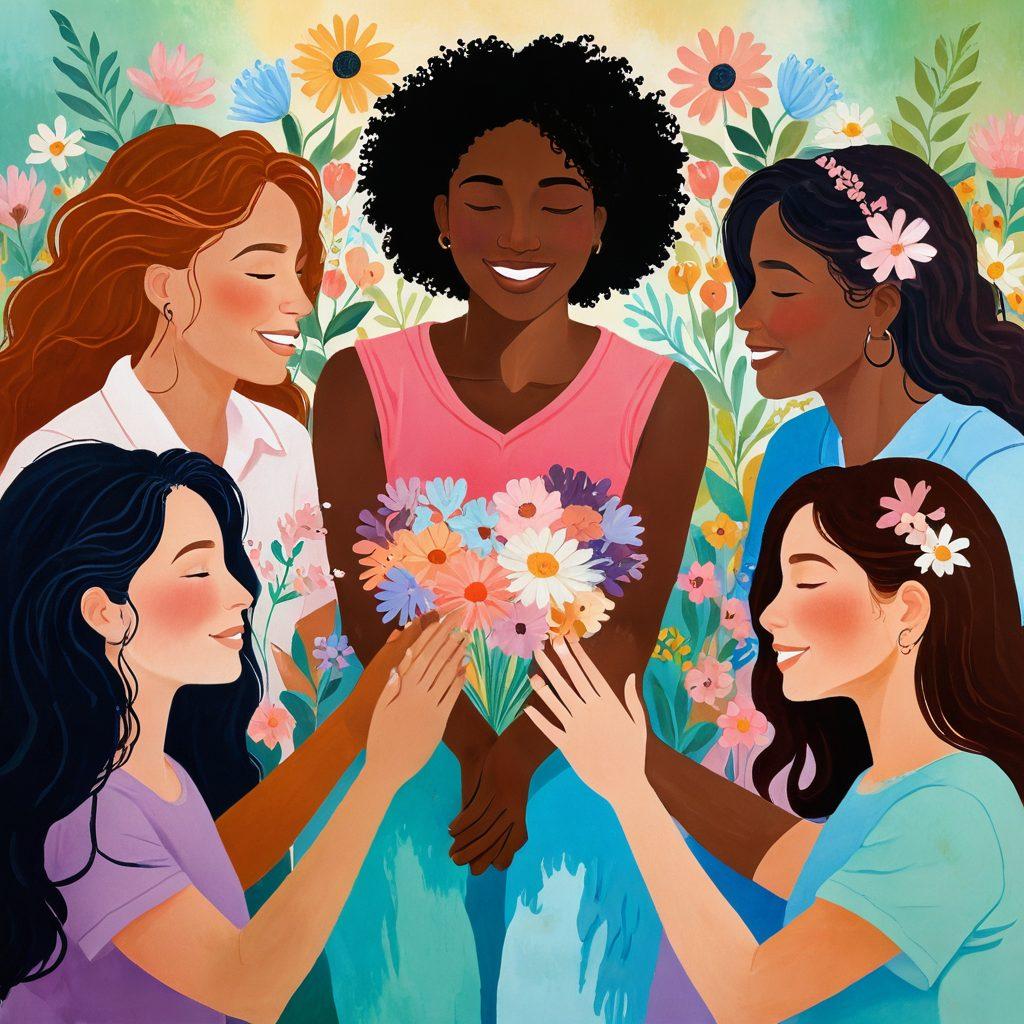 A warm, inviting scene depicting a diverse group of people engaged in heartfelt discussions and supportive interactions. Emphasize compassion through their body language and facial expressions, surrounded by symbols of romance and connection such as intertwined hands or hearts. Include elements of nature, like blooming flowers, to symbolize growth and outreach. The background should be soft and uplifting, blending pastel colors to evoke a sense of warmth and understanding. painting. vibrant colors. soft focus.
