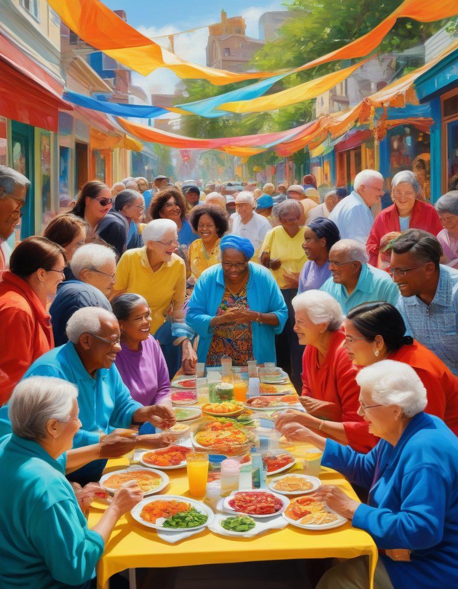 A vibrant community scene depicting diverse individuals engaged in acts of kindness and connection, such as sharing food, helping the elderly, and collaborating on a mural. Include a warm background with colorful banners promoting empathy and unity. Show facial expressions radiating joy and compassion. Capture a sense of movement and energy that conveys social change in action. bright colors. dynamic composition. painting.